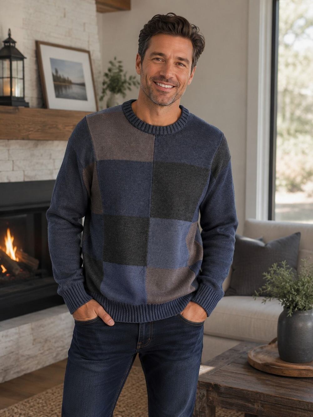 Oscar De La Renta Vintage 90's Men's Color Block Sweater Crew Neck Long-Sleeve M